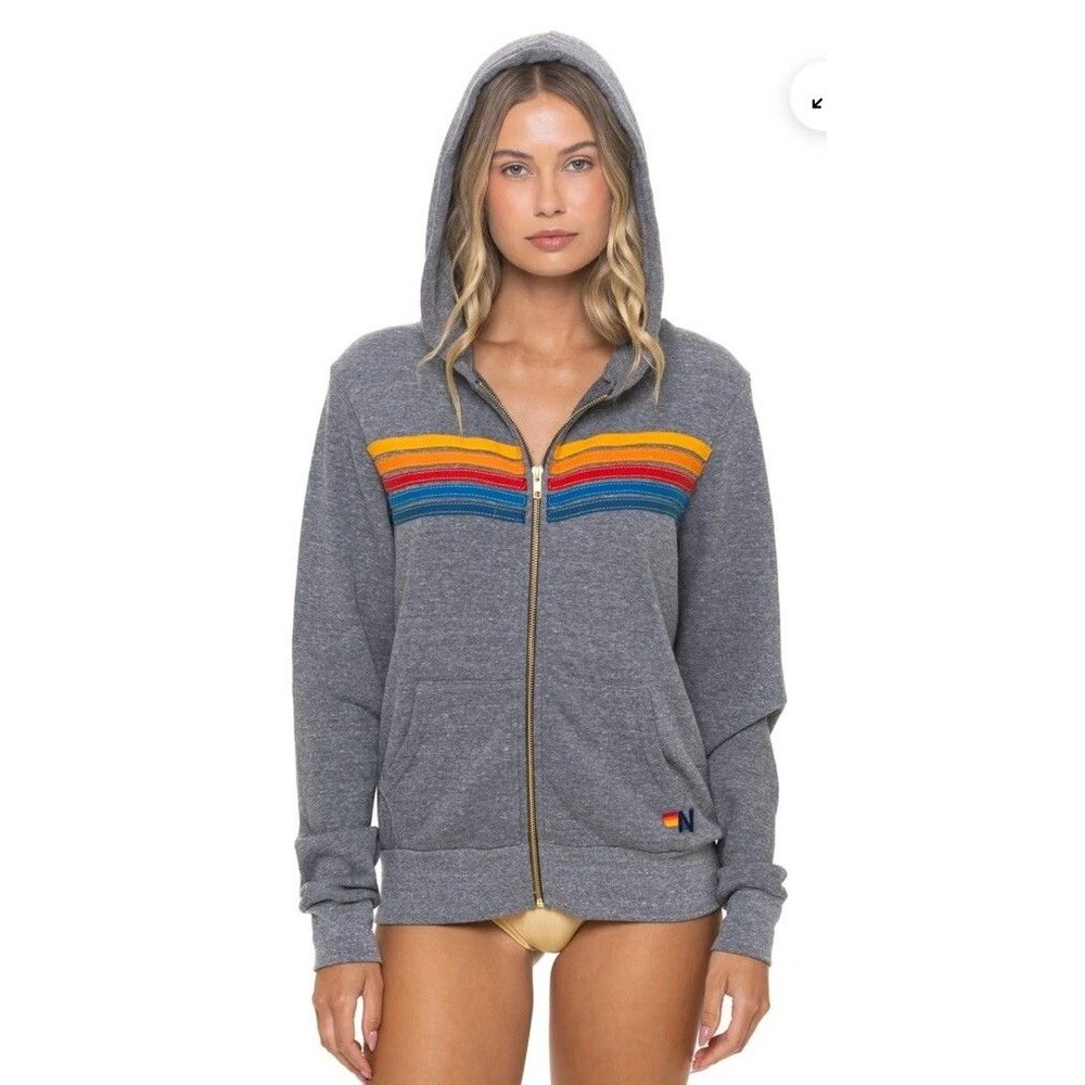 AVIATOR NATION Zip Up Hoodie Unisex 5 Stripe Sweatshirt Heather Grey Size L EUC